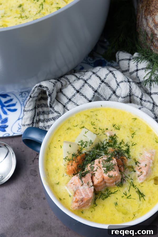 Creamy Scandinavian Salmon Soup Recipe with Dill and Potatoes 3 Salmon Soup is a light fish chowder in a creamy broth strewn with fresh dill that still manages to be substantial by virtue of hearty potatoes, carrots, leeks, and bite sized chunks of salmon. It's comforting enough to warm you from the inside out during cold winter days, but delicious and light enough to see you through last minute meals year round. Serve this salmon chowder recipe with crusty bread, butter, and a salad, you'll have a main meal that you turn to again and again on a cold winter's night. You'll instantly see and taste why this creamy Salmon Soup recipe is served throughout Finland and other Nordic countries.