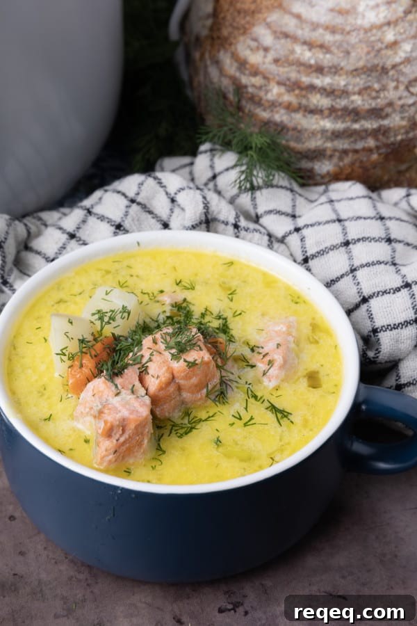 Creamy Scandinavian Salmon Soup Recipe with Dill and Potatoes 4 Salmon Soup is a light fish chowder in a creamy broth strewn with fresh dill that still manages to be substantial by virtue of hearty potatoes, carrots, leeks, and bite sized chunks of salmon. It's comforting enough to warm you from the inside out during cold winter days, but delicious and light enough to see you through last minute meals year round. Serve this salmon chowder recipe with crusty bread, butter, and a salad, you'll have a main meal that you turn to again and again on a cold winter's night. You'll instantly see and taste why this creamy Salmon Soup recipe is served throughout Finland and other Nordic countries.