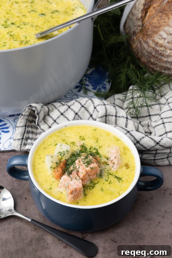 Creamy Scandinavian Salmon Soup Recipe with Dill and Potatoes 5 Salmon Soup is a light fish chowder in a creamy broth strewn with fresh dill that still manages to be substantial by virtue of hearty potatoes, carrots, leeks, and bite sized chunks of salmon. It's comforting enough to warm you from the inside out during cold winter days, but delicious and light enough to see you through last minute meals year round. Serve this salmon chowder recipe with crusty bread, butter, and a salad, you'll have a main meal that you turn to again and again on a cold winter's night. You'll instantly see and taste why this creamy Salmon Soup recipe is served throughout Finland and other Nordic countries.
