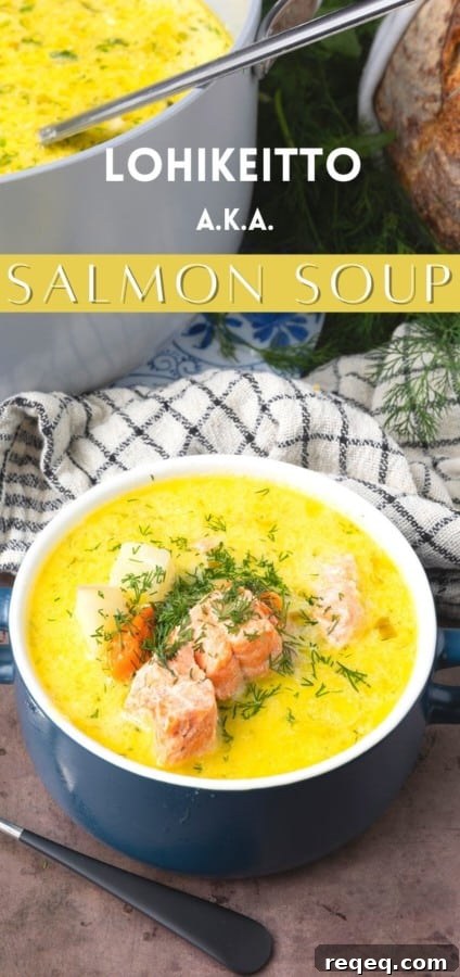 Creamy Scandinavian Salmon Soup Recipe with Dill and Potatoes 6 Salmon Soup is a light fish chowder in a creamy broth strewn with fresh dill that still manages to be substantial by virtue of hearty potatoes, carrots, leeks, and bite sized chunks of salmon. It's comforting enough to warm you from the inside out during cold winter days, but delicious and light enough to see you through last minute meals year round. Serve this salmon chowder recipe with crusty bread, butter, and a salad, you'll have a main meal that you turn to again and again on a cold winter's night. You'll instantly see and taste why this creamy Salmon Soup recipe is served throughout Finland and other Nordic countries.