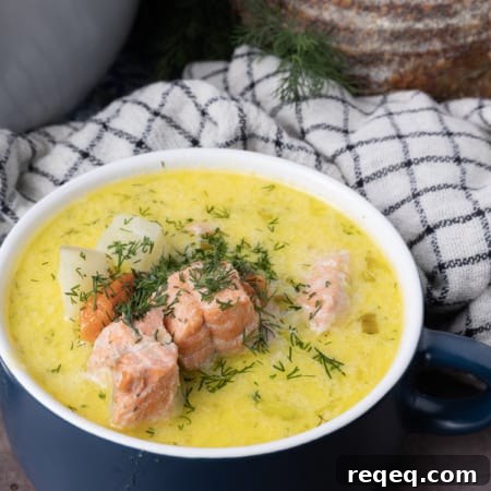 Creamy Scandinavian Salmon Soup Recipe with Dill and Potatoes 7 Salmon Soup is a light fish chowder in a creamy broth strewn with fresh dill that still manages to be substantial by virtue of hearty potatoes, carrots, leeks, and bite sized chunks of salmon. It's comforting enough to warm you from the inside out during cold winter days, but delicious and light enough to see you through last minute meals year round. Serve this salmon chowder recipe with crusty bread, butter, and a salad, you'll have a main meal that you turn to again and again on a cold winter's night. You'll instantly see and taste why this creamy Salmon Soup recipe is served throughout Finland and other Nordic countries.