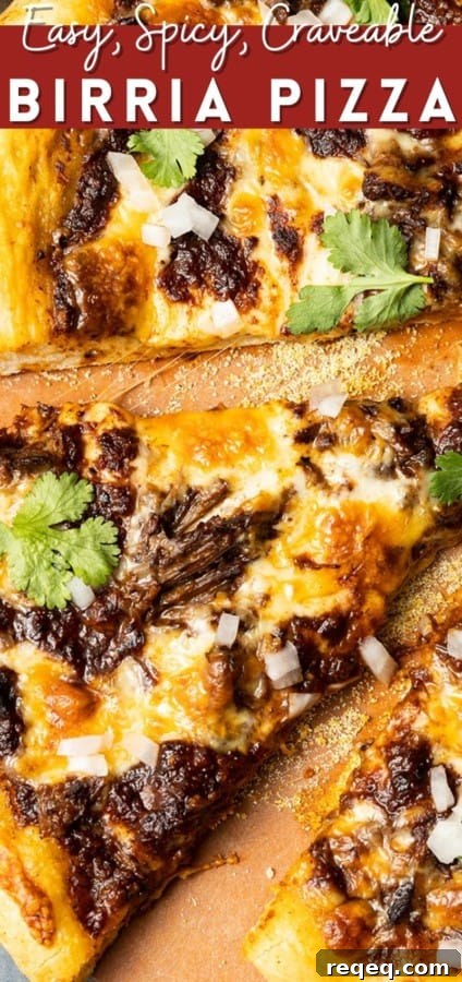 Birria Pizza: Chewy crust topped with tender shredded birria beef, smoky birria stew, loads of melted cheese, chopped sweet onion, fresh cilantro, a squeeze of fresh lime, and a bowl of red chile sauce for dipping.
