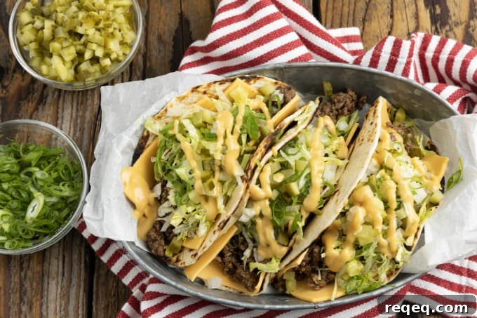 Big Mac–Style Tacos: Copycat Recipe for the Classic Flavor 2 Big Mac Tacos: bringing “the golden arches” to taco night with seasoned beef, special sauce, lettuce, cheese, pickles, and onions on a sesame-style tortilla.