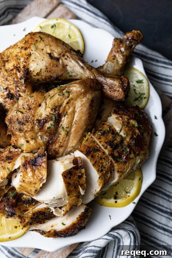 Crispy Rotisserie-Style Whole Chicken in the Air Fryer 2 Crisp skinned and succulent, this air fryer whole chicken will become a weeknight regular thing. It is faster than oven roasting and creates a juicy, tender rotisserie style chicken! Let the air fryer do the work for you! This is one of my all time favourite ways to cook a whole chicken. It honestly doesn’t get any easier (or tastier!) than this and the whole family loves it.
