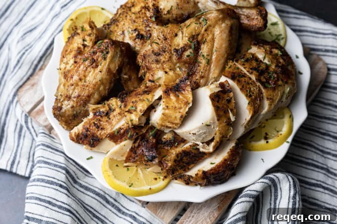 Crispy Rotisserie-Style Whole Chicken in the Air Fryer 4 Crisp skinned and succulent, this air fryer whole chicken will become a weeknight regular thing. It is faster than oven roasting and creates a juicy, tender rotisserie style chicken! Let the air fryer do the work for you! This is one of my all time favourite ways to cook a whole chicken. It honestly doesn’t get any easier (or tastier!) than this and the whole family loves it.