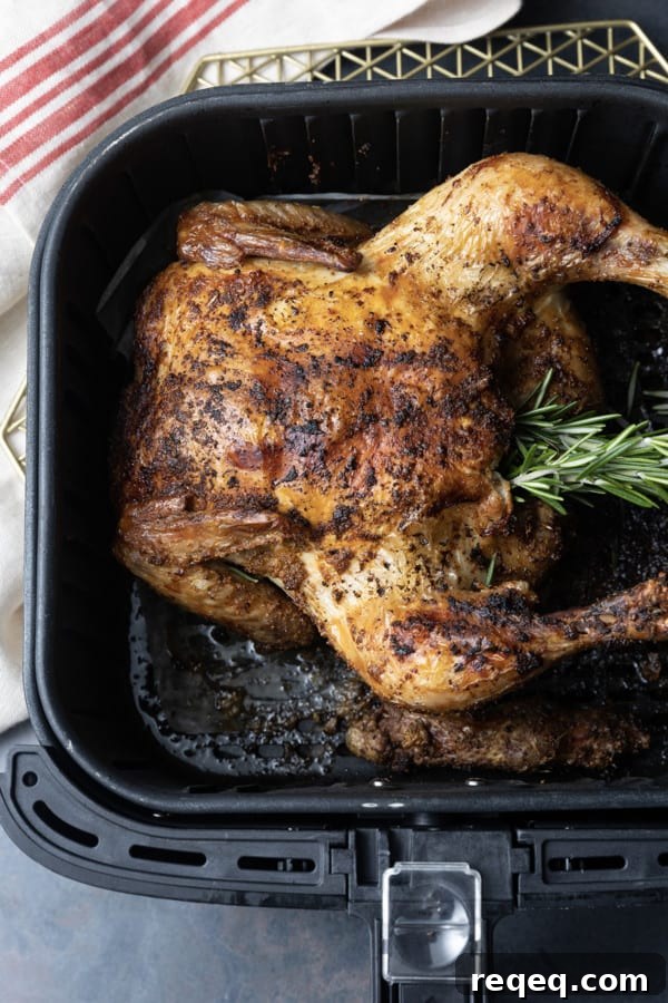 Crispy Rotisserie-Style Whole Chicken in the Air Fryer 5 Crisp skinned and succulent, this air fryer whole chicken will become a weeknight regular thing. It is faster than oven roasting and creates a juicy, tender rotisserie style chicken! Let the air fryer do the work for you! This is one of my all time favourite ways to cook a whole chicken. It honestly doesn’t get any easier (or tastier!) than this and the whole family loves it.