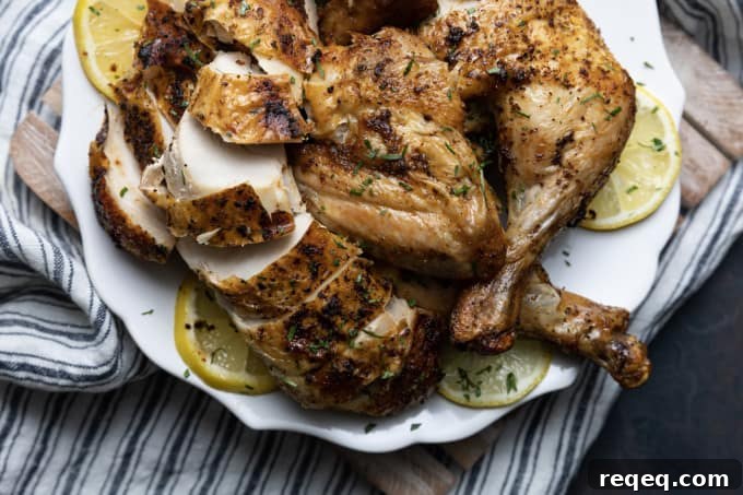 Crispy Rotisserie-Style Whole Chicken in the Air Fryer 6 Crisp skinned and succulent, this air fryer whole chicken will become a weeknight regular thing. It is faster than oven roasting and creates a juicy, tender rotisserie style chicken! Let the air fryer do the work for you! This is one of my all time favourite ways to cook a whole chicken. It honestly doesn’t get any easier (or tastier!) than this and the whole family loves it.