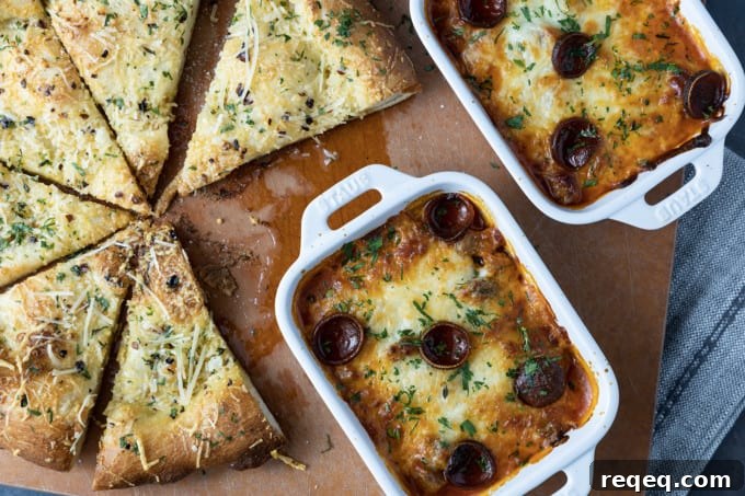 There’s no easier, more comforting dinner on the fly than this easy pizza bowl recipe! Garlicky marinara sauce, mozzarella cheese, pepperoni, succulent Italian sausage, and whatever else you love as pizza toppings are baked in individual servings until the cheese is bubbling and melted and the pepperoni is crispy at the edges.