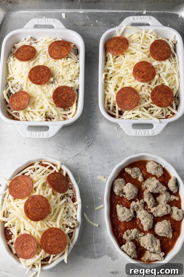 There’s no easier, more comforting dinner on the fly than this easy pizza bowl recipe! Garlicky marinara sauce, mozzarella cheese, pepperoni, succulent Italian sausage, and whatever else you love as pizza toppings are baked in individual servings until the cheese is bubbling and melted and the pepperoni is crispy at the edges.