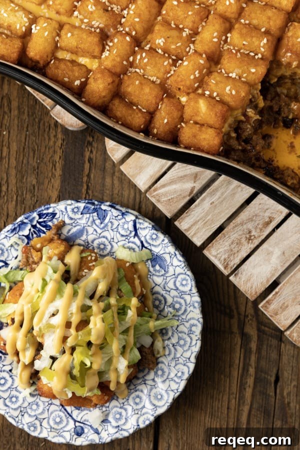 Big Mac Casserole Recipe: Easy Homemade Cheeseburger Bake 3 Big Mac Casserole: Saucy ground beef that tastes just like a Big Mac topped with melty cheese and tater tots then baked to bubbly, crispy tater tots topped perfection. This delicious meal the whole family will love is served with your favorite burger toppings like fistfuls of shredded lettuce, diced onion and dill pickle, and drizzled with "special sauce" or thousand island dressing. And while this twist on classic comfort food might sound weird, it is a great family dinner.