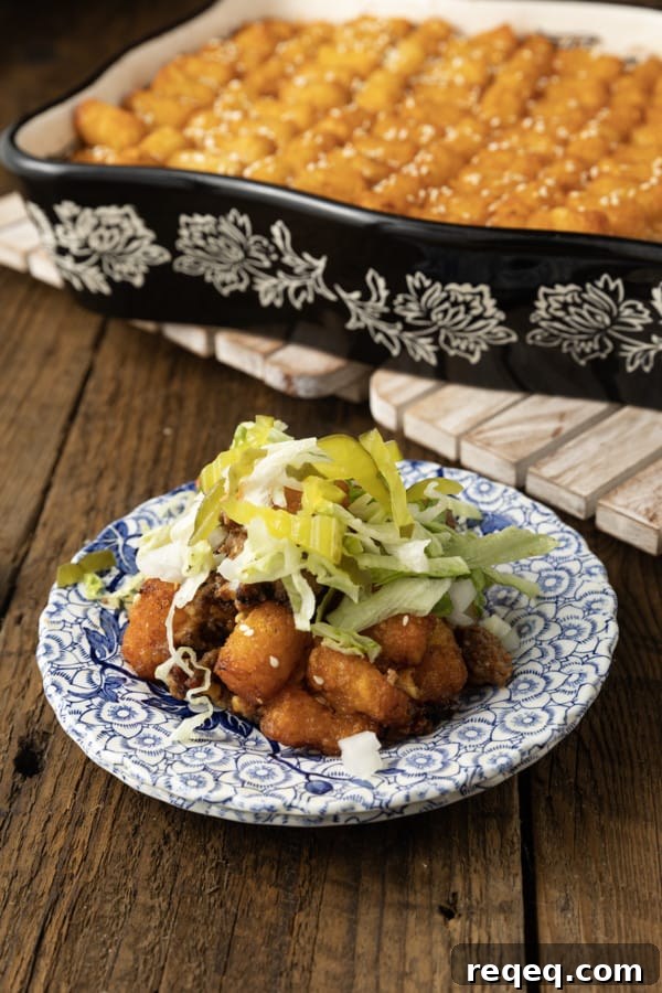 Big Mac Casserole Recipe: Easy Homemade Cheeseburger Bake 5 Big Mac Casserole: Saucy ground beef that tastes just like a Big Mac topped with melty cheese and tater tots then baked to bubbly, crispy tater tots topped perfection. This delicious meal the whole family will love is served with your favorite burger toppings like fistfuls of shredded lettuce, diced onion and dill pickle, and drizzled with "special sauce" or thousand island dressing. And while this twist on classic comfort food might sound weird, it is a great family dinner.