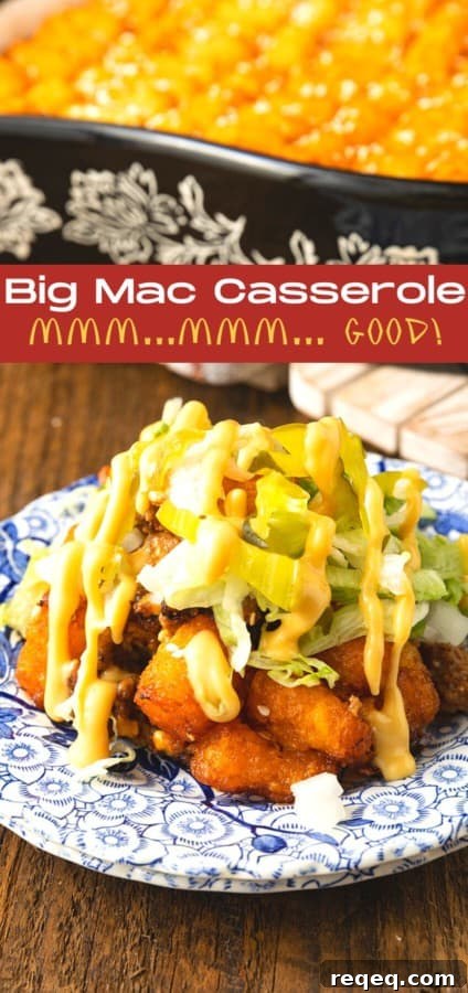 Big Mac Casserole Recipe: Easy Homemade Cheeseburger Bake 8 Big Mac Casserole: Saucy ground beef that tastes just like a Big Mac topped with melty cheese and tater tots then baked to bubbly, crispy tater tots topped perfection. This delicious meal the whole family will love is served with your favorite burger toppings like fistfuls of shredded lettuce, diced onion and dill pickle, and drizzled with "special sauce" or thousand island dressing. And while this twist on classic comfort food might sound weird, it is a great family dinner.