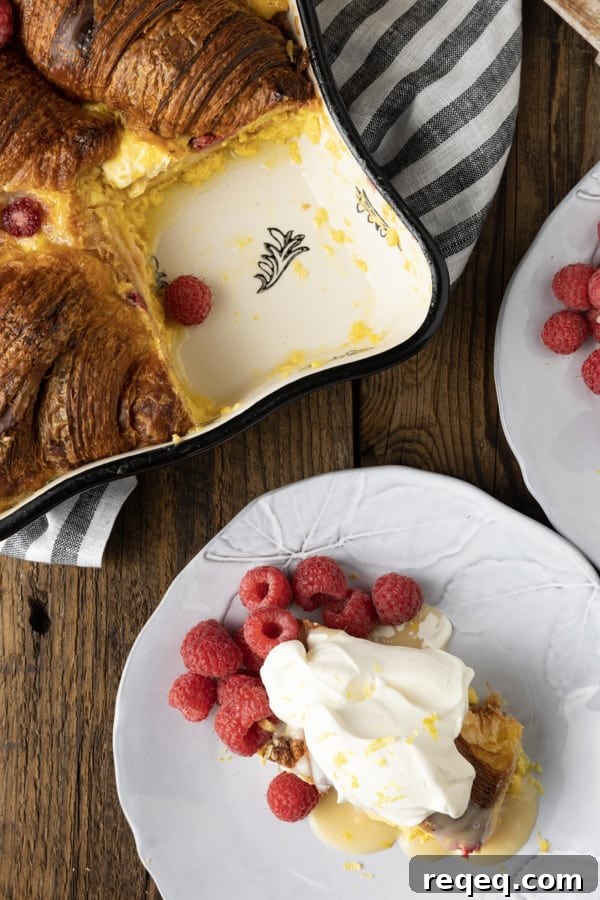 Decadent Croissant Bread Pudding Recipe for Brunch or Dessert 4 Rich, buttery, & indulgent, this creamy lemon and raspberry croissant bread pudding recipe is almost unbelievably easy to make. The flaky, layered croissant top gives way to the silky, vanilla and lemon scented custard that is studded with fresh raspberries. Optional cream cheese dotted through the custard makes this extraordinary decadent bread pudding taste a little like a cheesecake. It takes so few minutes of hands-on time to make any breakfast, brunch, or dessert a memorable occasion.