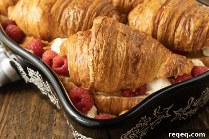 Decadent Croissant Bread Pudding Recipe for Brunch or Dessert 5 Rich, buttery, & indulgent, this creamy lemon and raspberry croissant bread pudding recipe is almost unbelievably easy to make. The flaky, layered croissant top gives way to the silky, vanilla and lemon scented custard that is studded with fresh raspberries. Optional cream cheese dotted through the custard makes this extraordinary decadent bread pudding taste a little like a cheesecake. It takes so few minutes of hands-on time to make any breakfast, brunch, or dessert a memorable occasion.