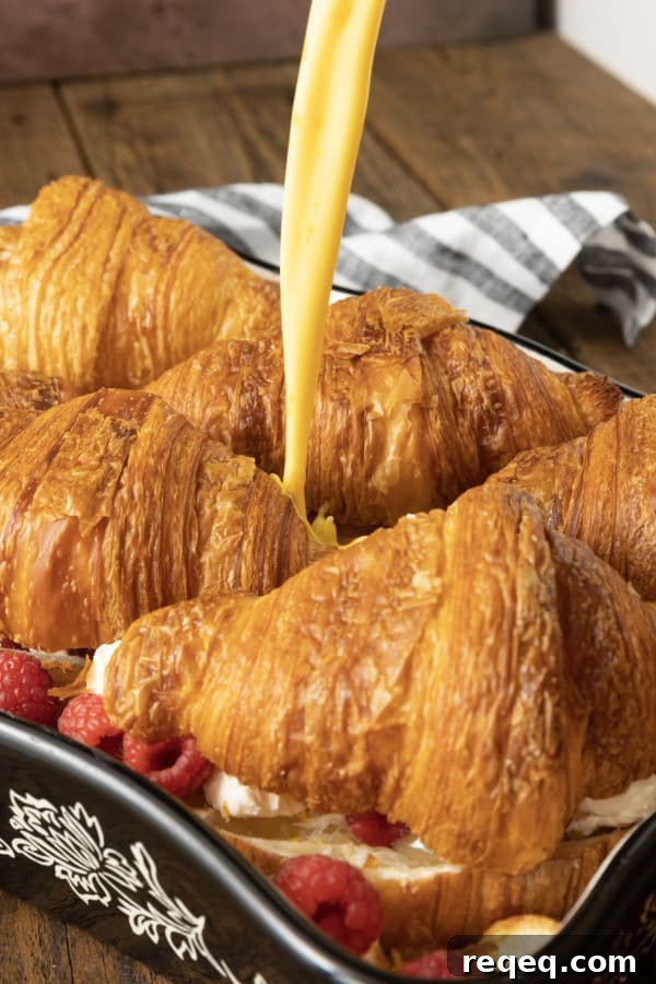 Decadent Croissant Bread Pudding Recipe for Brunch or Dessert 6 Rich, buttery, & indulgent, this creamy lemon and raspberry croissant bread pudding recipe is almost unbelievably easy to make. The flaky, layered croissant top gives way to the silky, vanilla and lemon scented custard that is studded with fresh raspberries. Optional cream cheese dotted through the custard makes this extraordinary decadent bread pudding taste a little like a cheesecake. It takes so few minutes of hands-on time to make any breakfast, brunch, or dessert a memorable occasion.