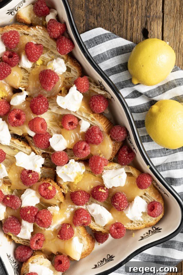 Decadent Croissant Bread Pudding Recipe for Brunch or Dessert 8 Rich, buttery, & indulgent, this creamy lemon and raspberry croissant bread pudding recipe is almost unbelievably easy to make. The flaky, layered croissant top gives way to the silky, vanilla and lemon scented custard that is studded with fresh raspberries. Optional cream cheese dotted through the custard makes this extraordinary decadent bread pudding taste a little like a cheesecake. It takes so few minutes of hands-on time to make any breakfast, brunch, or dessert a memorable occasion.