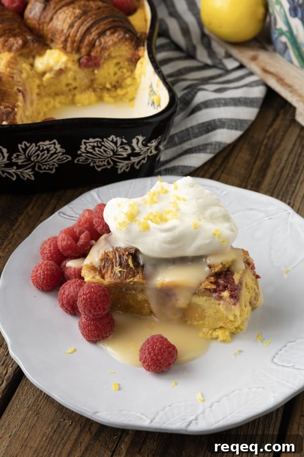 Decadent Croissant Bread Pudding Recipe for Brunch or Dessert 9 Rich, buttery, & indulgent, this creamy lemon and raspberry croissant bread pudding recipe is almost unbelievably easy to make. The flaky, layered croissant top gives way to the silky, vanilla and lemon scented custard that is studded with fresh raspberries. Optional cream cheese dotted through the custard makes this extraordinary decadent bread pudding taste a little like a cheesecake. It takes so few minutes of hands-on time to make any breakfast, brunch, or dessert a memorable occasion.