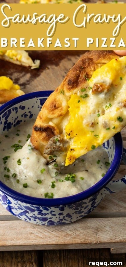Slice of sausage gravy breakfast pizza served warm