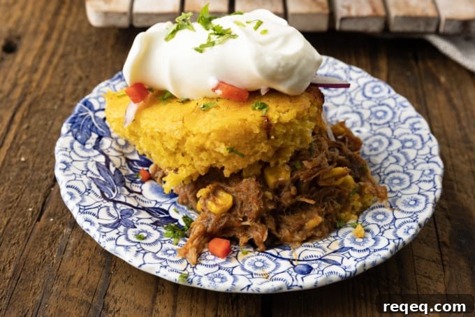 Cheesy Pulled Pork Casserole with Crispy Topping 4 Pulled Pork Casserole close-up.