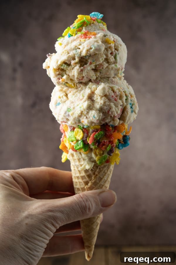 Fruity Pebbles Ice Cream Recipe: Colorful Cereal Ice Cream Scoop 2 This easy, no-cook Fruity Pebbles Ice Cream tastes like a sweet bowl of your favourite fruity flavour cereal in ice cream form. It's a party!