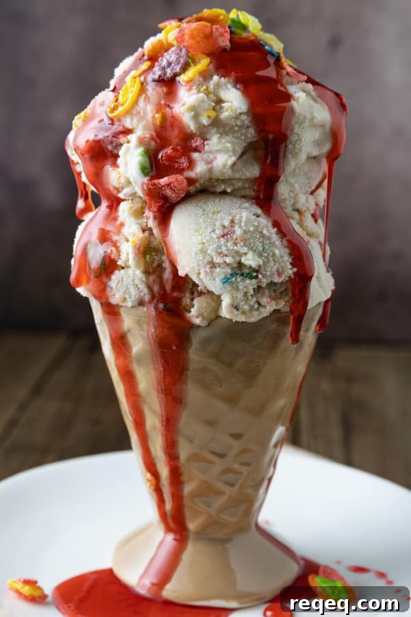 Fruity Pebbles Ice Cream Recipe: Colorful Cereal Ice Cream Scoop 4 This easy, no-cook Fruity Pebbles Ice Cream tastes like a sweet bowl of your favourite fruity flavour cereal in ice cream form. It's a party!