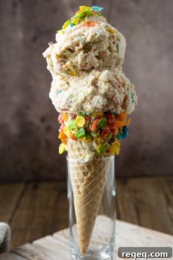 Fruity Pebbles Ice Cream Recipe: Colorful Cereal Ice Cream Scoop 6 This easy, no-cook Fruity Pebbles Ice Cream tastes like a sweet bowl of your favourite fruity flavour cereal in ice cream form. It's a party!