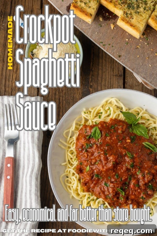 Slow-Cooker Spaghetti Sauce Recipe for Rich, Hands-Off Flavor 8 spaghetti sauce on spagetti on a plate topped by fresh herbs with a napkin and fork on the left and a descriptive text overlay