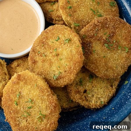 Crispy Air Fryer Fried Green Tomatoes — Quick Southern Recipe 7 fried green tomatoes stacked on a blue enamel plate with a bowl of dip
