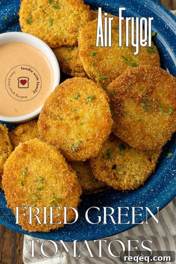 Crispy Air Fryer Fried Green Tomatoes — Quick Southern Recipe 8 fried green tomatoes on a blue enamel plate with a bowl of dip and text describing the photo overlaying it.