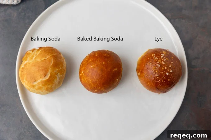 Pretzel bites prepared three ways on a white plate.