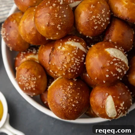sourdough discard soft pretzel bites in a bowl with mustard and queso