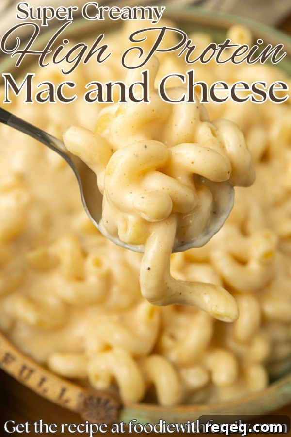 High-Protein Mac and Cheese Recipe for Muscle Growth 6 Super creamy high protein mac and cheese with a text overlay describing the photo.