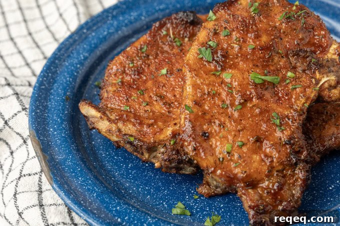 Crispy Air Fryer Thin Pork Chops in 15 Minutes 2 thin cut pork chop cooked in the air fryer on a blue plate