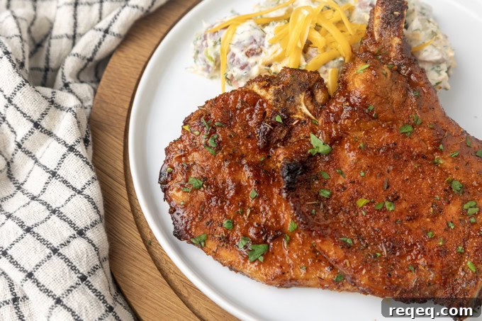 Crispy Air Fryer Thin Pork Chops in 15 Minutes 3 thin cut pork chop cooked in the air fryer on a plate with potato salad