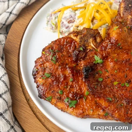 Crispy Air Fryer Thin Pork Chops in 15 Minutes 5 thin cut pork chop cooked in the air fryer on a plate with potato salad