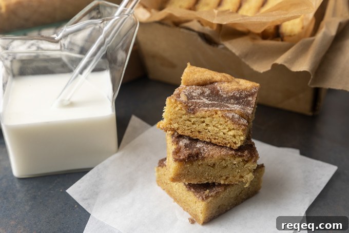 snickerdoodle cookie bars with a glass jar of milk 