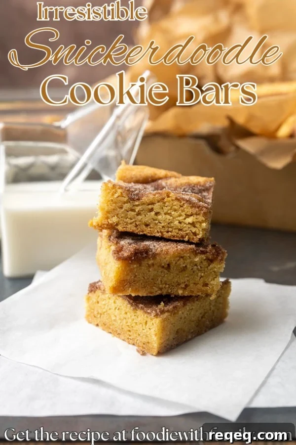 snickerdoodle cookie bars with a glass jar of milk and text overlay describing photo