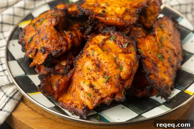 Juicy Pellet-Grilled Chicken Thighs: Flavorful Weeknight Recipe 3 chicken thighs on a pellet grill on a plate