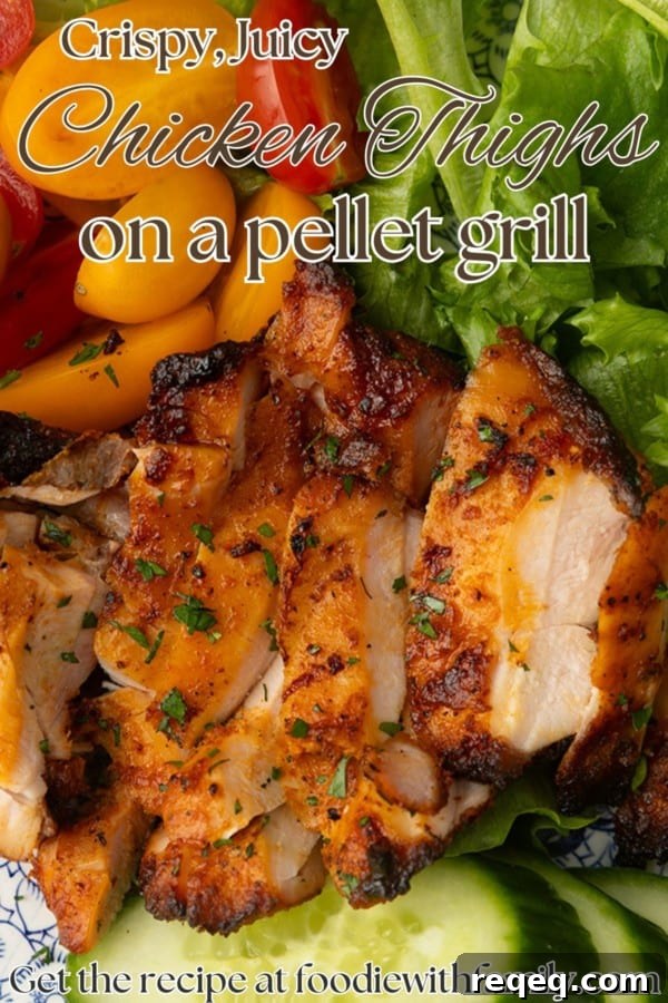 Juicy Pellet-Grilled Chicken Thighs: Flavorful Weeknight Recipe 7 chicken thighs grilled on a pellet grill on a plate with lettuce, tomatoes, and cucumbers and a text overlay describing the photo