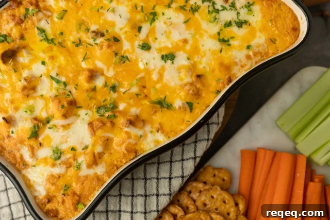 High-Protein Buffalo Chicken Dip Recipe for Game Day 5 Buffalo chicken dip with crackers and carrots.