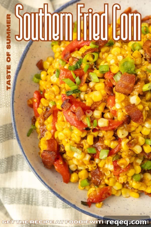 fried sweet corn with bacon, green onions and roasted red peppers in a bowl with text describing the photo