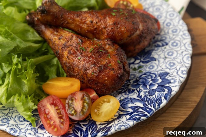 smoked chicken drumsticks on a blue and white plate with cherry tomatoes