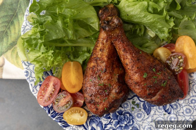 smoked chicken drumsticks on a blue and white plate with cherry tomatoes