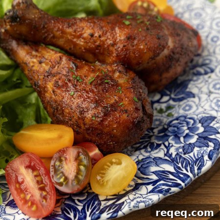 smoked chicken drumsticks on a blue and white plate with cherry tomatoes