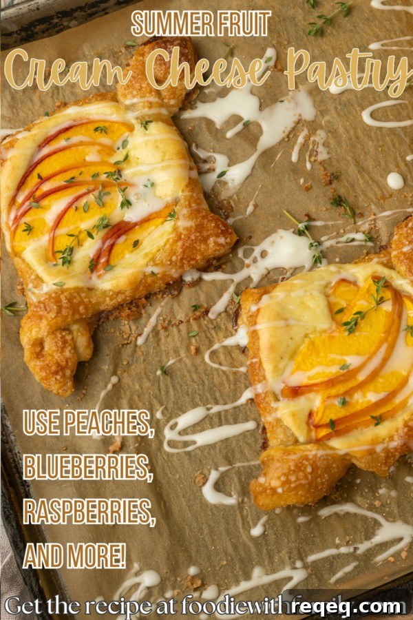 Flaky Cream Cheese Pastries: Quick Recipe for Homemade Treats 11 peach cream cheese puff pastry with thyme on parchment lined pan