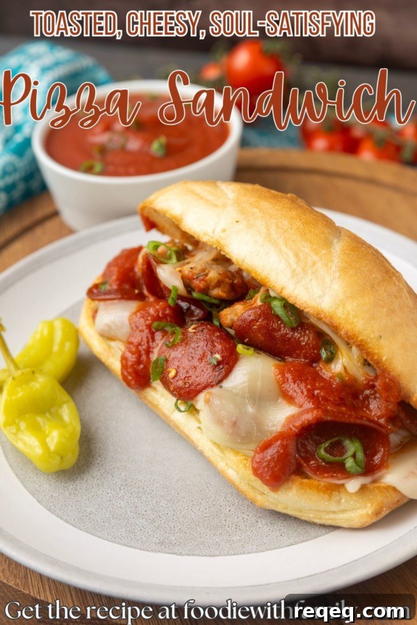 Savory Pizza Sandwich Recipe: Crispy, Cheesy, and Quick 8 pizza sub sandwich on a plate with text overlay describing the image