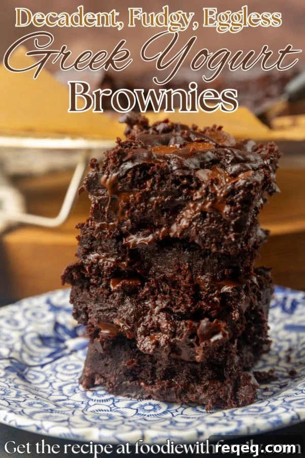 Fudgy Greek Yogurt Brownies with Extra Moist Texture 7 Greek yogurt brownies eggless brownies on a plate with text describing the photo