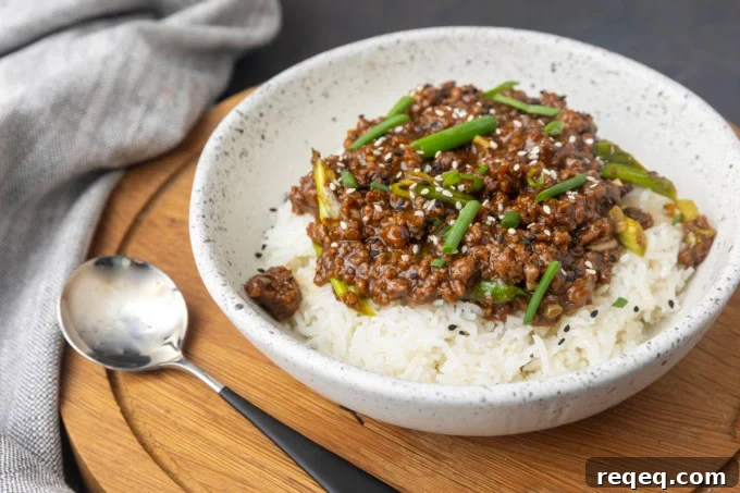 Mongolian Beef with Ground Beef Recipe: Quick Savory Stir-Fry 2 mongolian ground beef on rice in a bowl