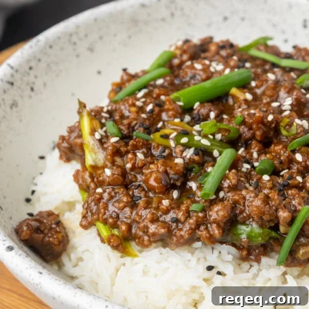 Mongolian Beef with Ground Beef Recipe: Quick Savory Stir-Fry 6 mongolian ground beef on rice in a bowl