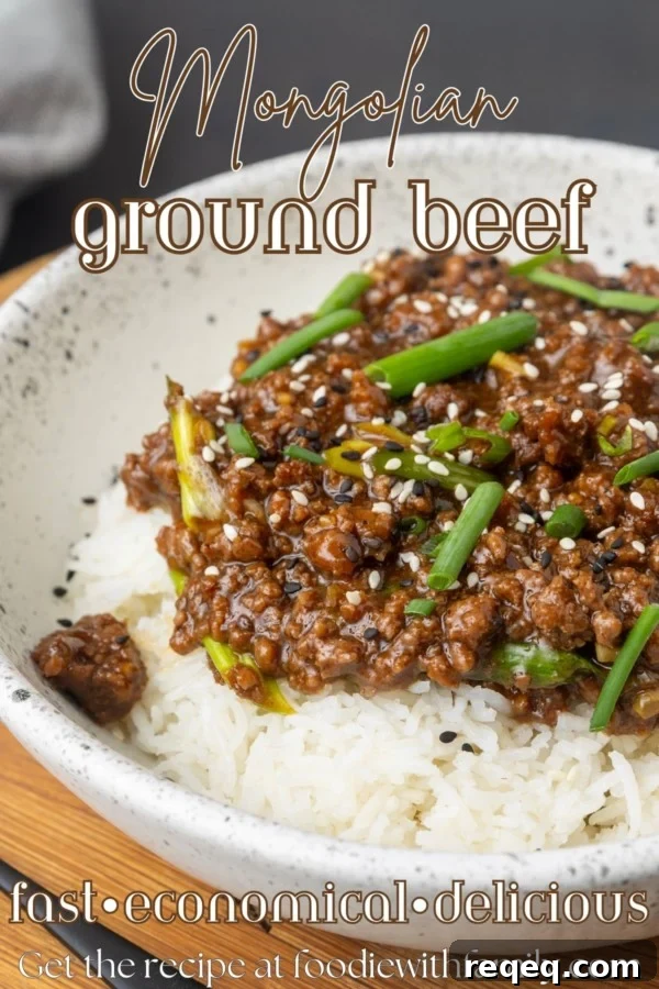 Mongolian Beef with Ground Beef Recipe: Quick Savory Stir-Fry 7 mongolian ground beef on rice in a bowl with text overlay describing the dish